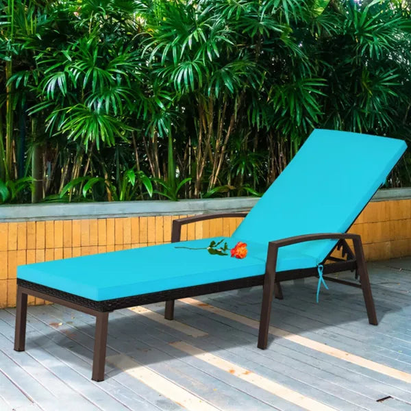 Brown Wicker Outdoor Patio Chaise Lounge Chair Adjustable Recliner with Blue Cushions