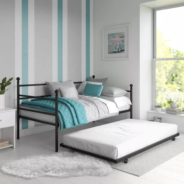 Bed Frame Twin Size Metal Daybed with Adjustable Trundle Bed