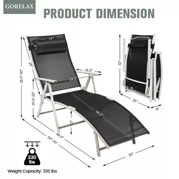 Metal Folding Outdoor Patio Chaise Lounge Adjustable Recliner with Black Cushion