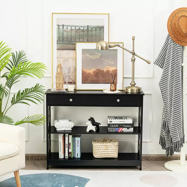 Black Console Table 3-Tier with Drawer and Storage Shelves