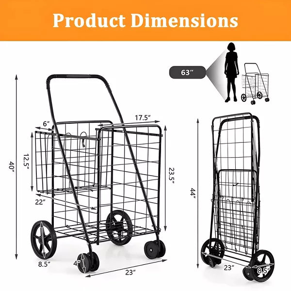 Folding Shopping Cart with Swivel Wheels 110 lbs Weight Capacity