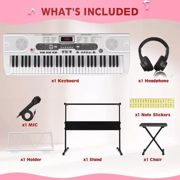 61 Key Lighted Keyboard Piano Electric Keyboard Kit with Stand, Bench, Headphones and Built-in Speakers