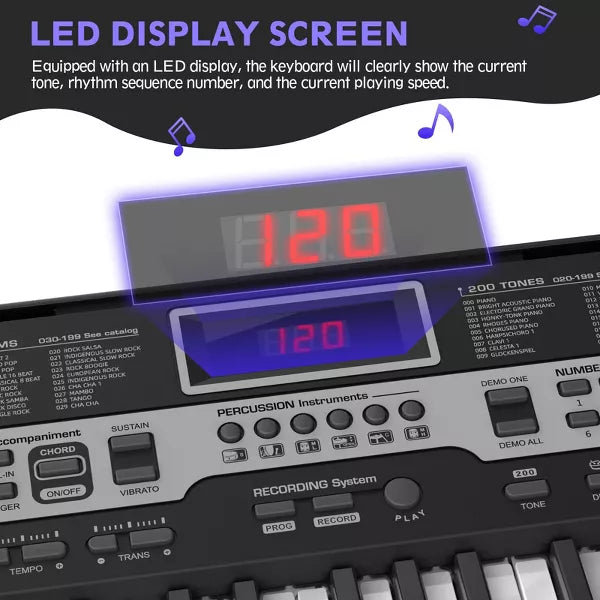 61 Key Lighted Keyboard Piano Electric Keyboard Kit with Stand, Bench, Headphones and Built-in Speakers