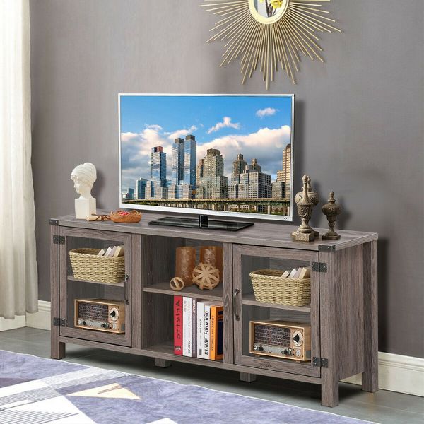 Spacious 65-Inch TV Stand with Storage Cabinets and Shelves in Gray