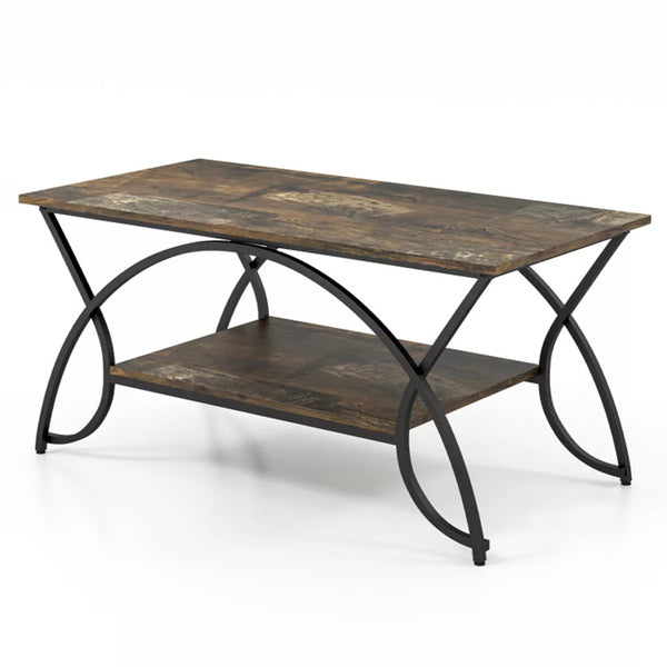2-Tier Faux Marble Coffee Table with Marble Top and Metal Frame. Brown