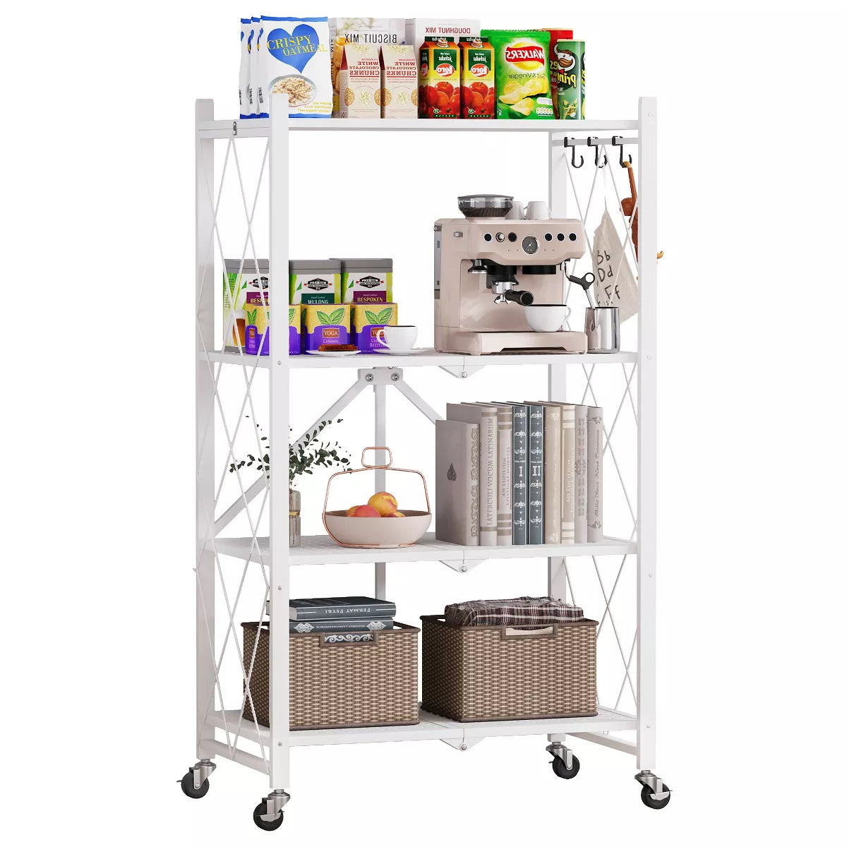 4 Tier Foldable Storage Shelf Metal Shelves with Wheels and Hooks