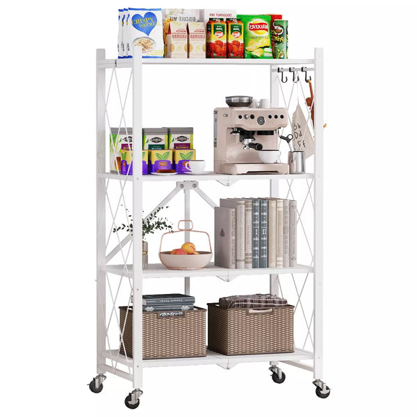 4 Tier Foldable Storage Shelf Metal Shelves with Wheels and Hooks
