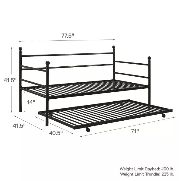 Bed Frame Twin Size Metal Daybed with Adjustable Trundle Bed