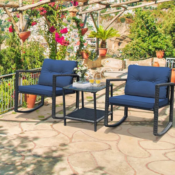 Black 3-Piece Wicker Outdoor Bistro Set with Navy Cushions