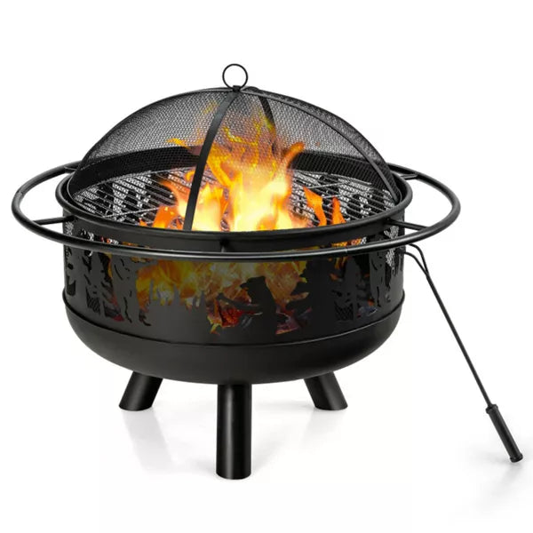 Round Outdoor Fire Pit Metal Wood and Coal Burning in Black with Poker
