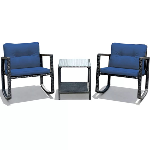 Black 3-Piece Wicker Outdoor Bistro Set with Navy Cushions