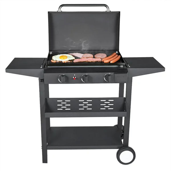 3 Burner BBQ Propane Gas Grill Stainless Steel 30000 BTU Barbecue Grill Black