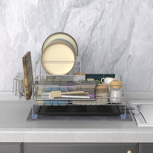 Dish Drying Rack 2-Tier Detachable Stainless Steel Rack with Cutlery Box and Cup Holder