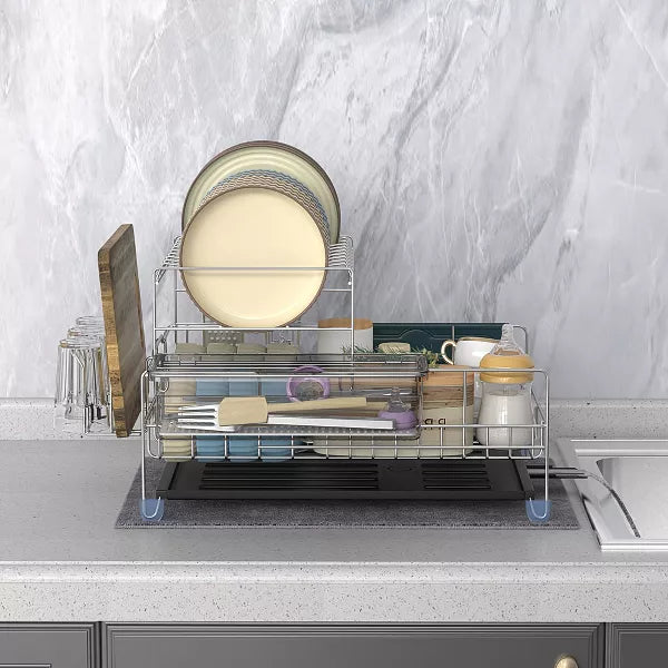 Dish Drying Rack 2-Tier Detachable Stainless Steel Rack with Cutlery Box and Cup Holder