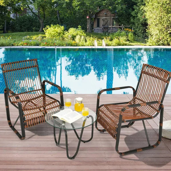 Brown 3-Piece Wicker Outdoor Bistro Set with Glass Table
