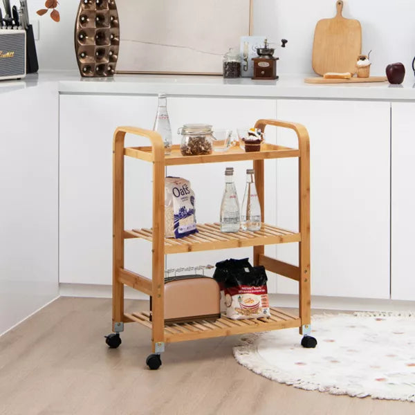 3-Tier Natural Bamboo Kitchen Cart with Storage Shelf and Lockable Casters