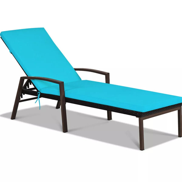 Brown Wicker Outdoor Patio Chaise Lounge Chair Adjustable Recliner with Blue Cushions