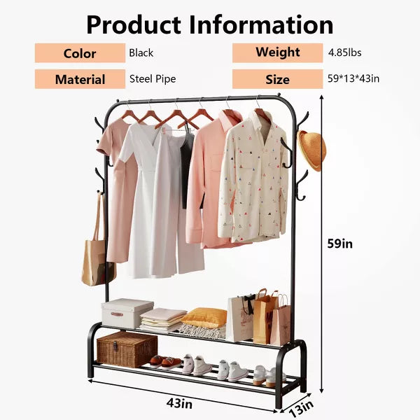 Garment Rack with Storage Shelves and Hanging Hooks