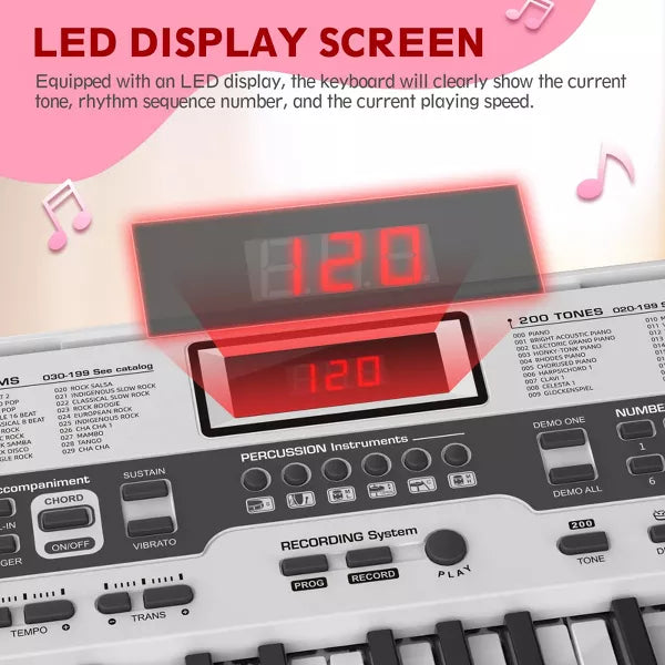 61 Key Lighted Keyboard Piano Electric Keyboard Kit with Stand, Bench, Headphones and Built-in Speakers