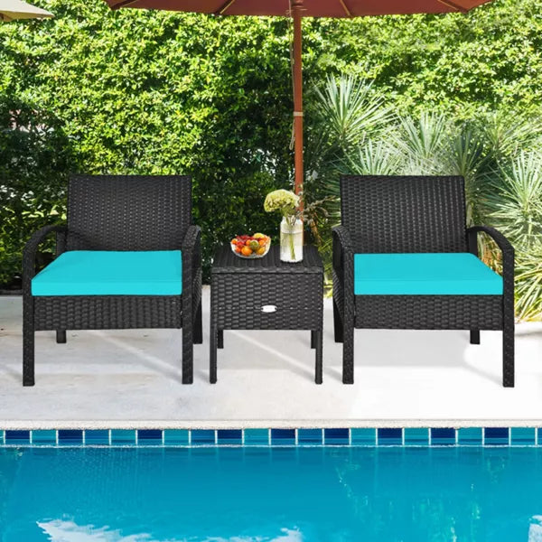 Black 3-Piece Wicker Outdoor Bistro Set with Turquoise Cushions