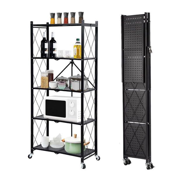 5-Tier Foldable Storage Shelves Adjustable Organizer Rack with Wheels
