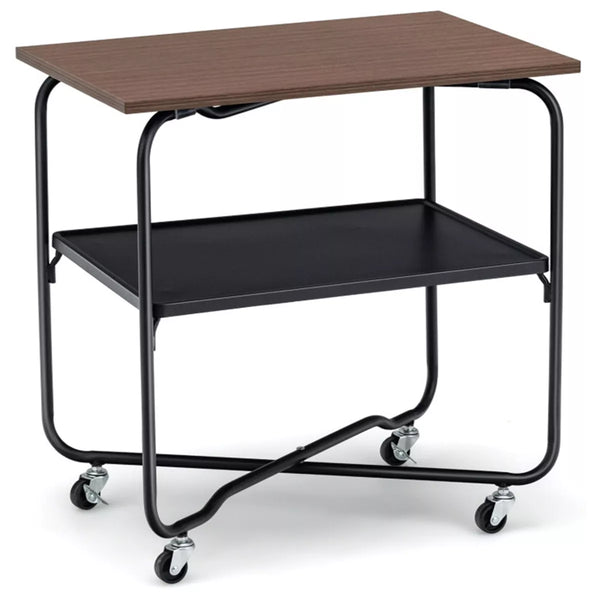 2-Tier Brown Wooden Roll in Kitchen Cart with Metal Storage Shelf and Foldable Frame