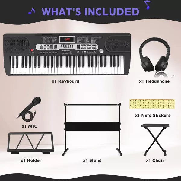 61 Key Lighted Keyboard Piano Electric Keyboard Kit with Stand, Bench, Headphones and Built-in Speakers