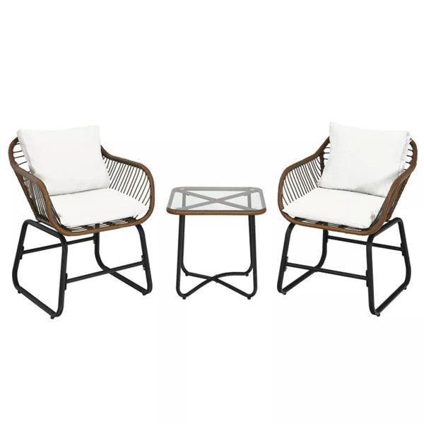 Brown 3-Piece Wicker Outdoor Bistro Set with White Cushions