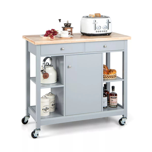Gray Wooden Rolling Kitchen Cart with 4-Open Shelves and 2-Drawers