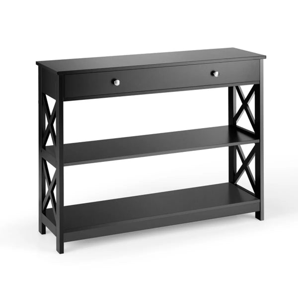 Black Console Table 3-Tier with Drawer and Storage Shelves