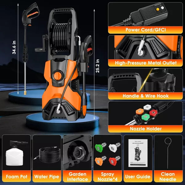 3200 PSI Electric Pressure Washer 2.2 GPM with 4 Nozzles & Spray Gun