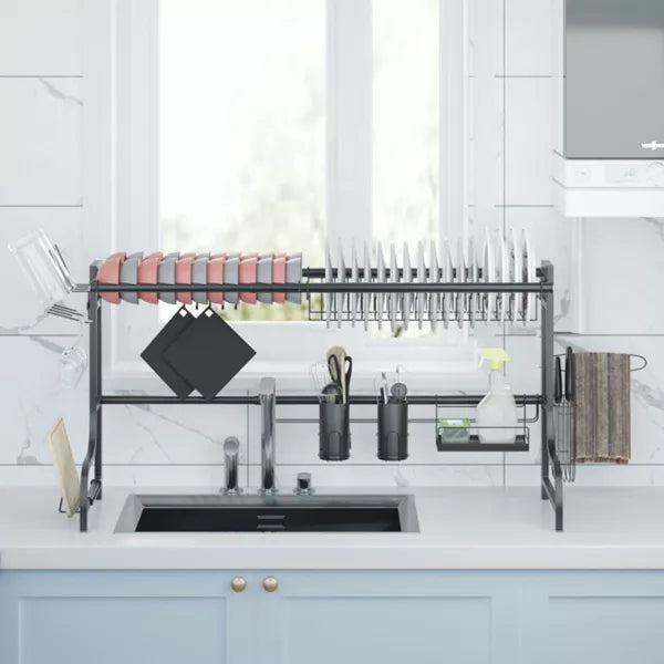 Black Adjustable Stainless Steel Standing Dish Rack Kitchen Organizer