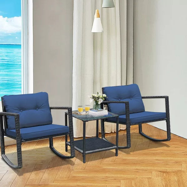 Black 3-Piece Wicker Outdoor Bistro Set with Navy Cushions