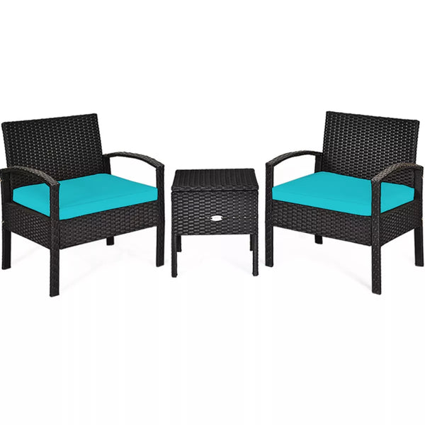 Black 3-Piece Wicker Outdoor Bistro Set with Turquoise Cushions