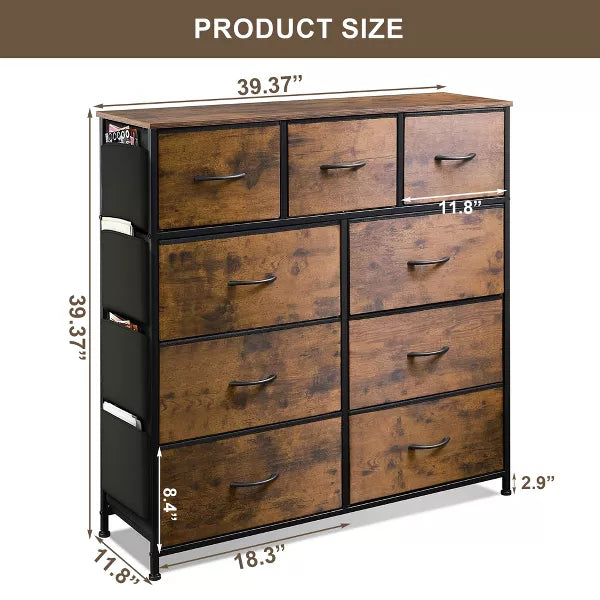 9 Drawer Dresser Storage Organizer Chest Dresser Steel Frame & Wood Top