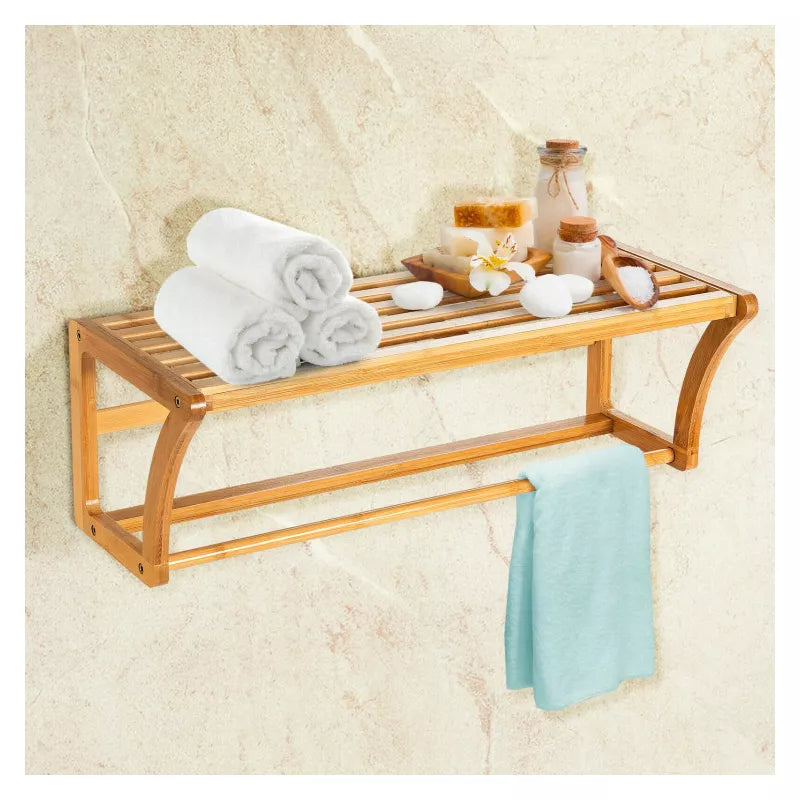 Bamboo Wall Mounted Towel Rack Bathroom Shelf for Stylish Storage