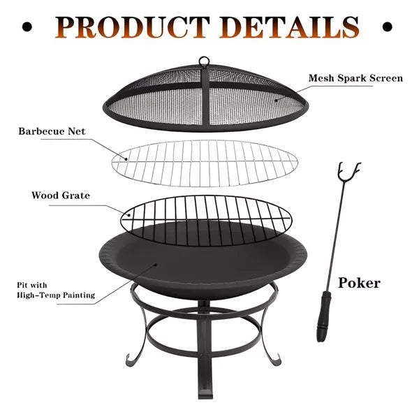 26 in Outdoor Fire Pits Wood Burning Steel Fire Pit