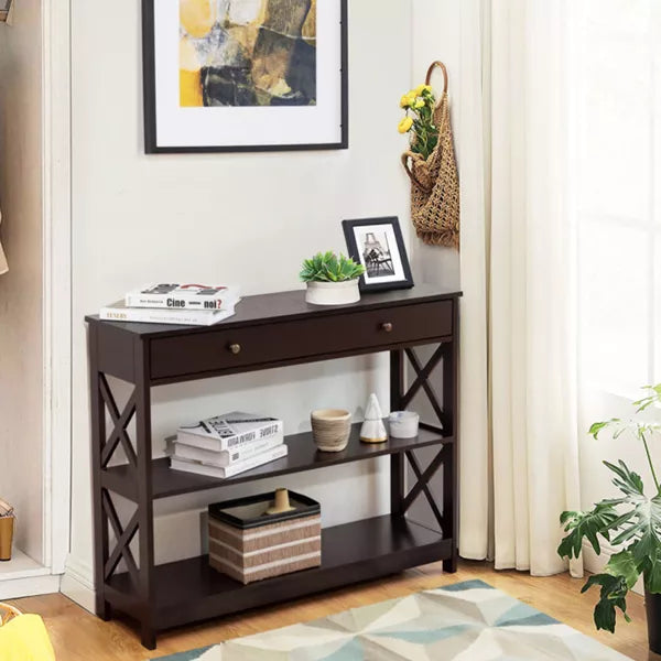 Brown Console Table 3-Tier with Drawer and Storage Shelves