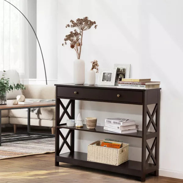 Brown Console Table 3-Tier with Drawer and Storage Shelves