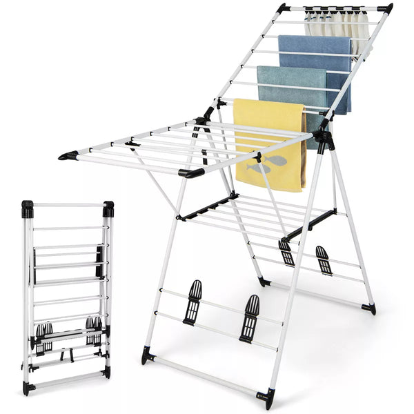 2-level Clothes Drying Rack Foldable Laundry Drying Rack with Height-Adjustable Gullwing
