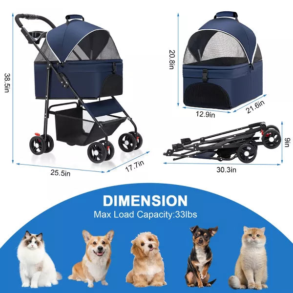3-In-1 Pet Stroller Foldable Dog Cat with Removable Car Seat Carrier