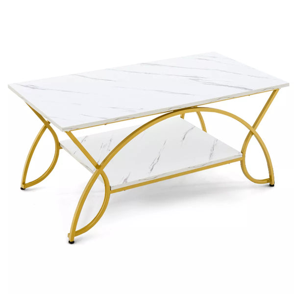 2-Tier Faux Marble Coffee Table with Marble Top and Metal Frame, Gold