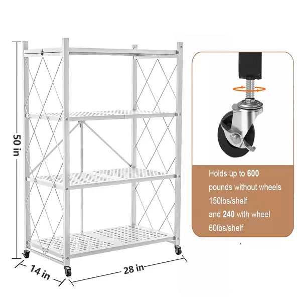 4 Tier Foldable Storage Shelf Metal Shelves with Wheels and Hooks