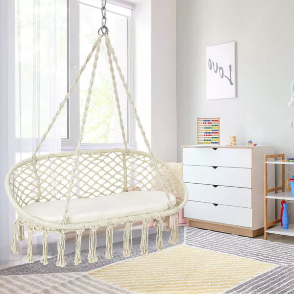 2-Person Steel Outdoor Patio Hanging Double Hammock Swing Chair with White Cushion