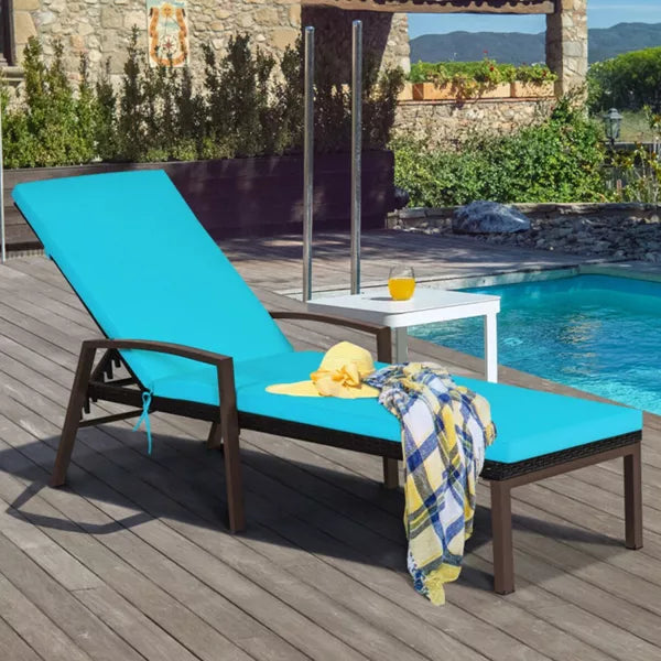 Brown Wicker Outdoor Patio Chaise Lounge Chair Adjustable Recliner with Blue Cushions