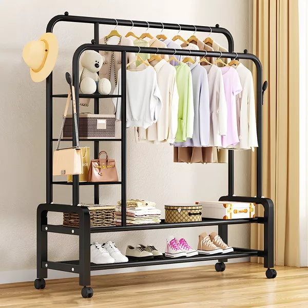 Double Rods Garment Rack with Storage Shelves Steel Frame