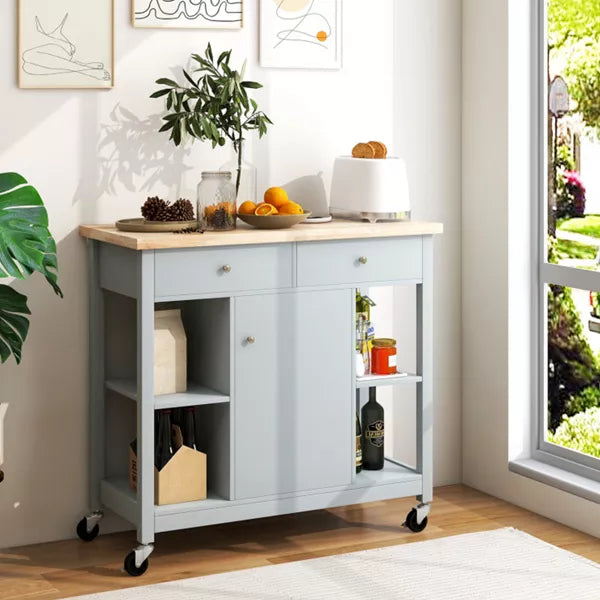 Gray Wooden Rolling Kitchen Cart with 4-Open Shelves and 2-Drawers