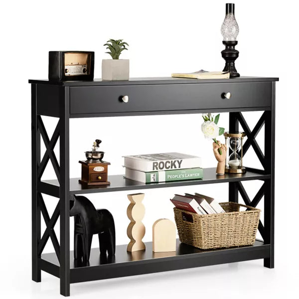 Black Console Table 3-Tier with Drawer and Storage Shelves