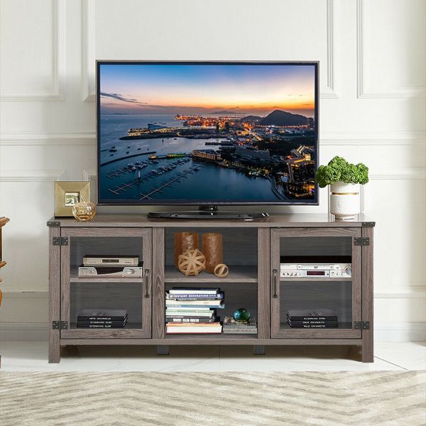 Spacious 65-Inch TV Stand with Storage Cabinets and Shelves in Gray