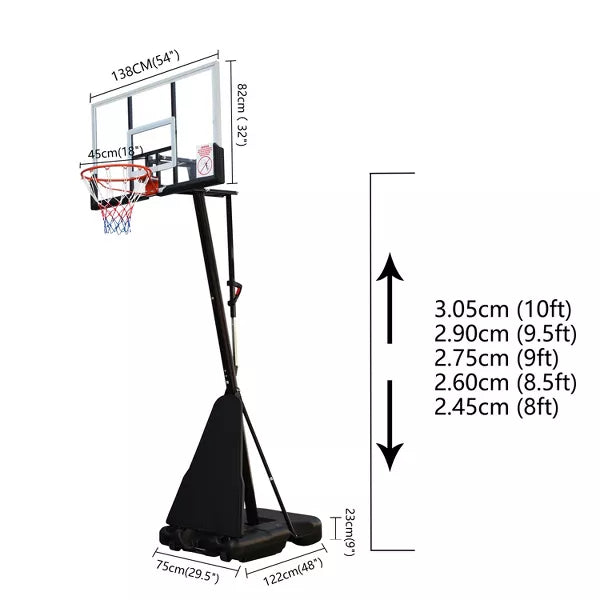 54in Portable Basketball Hoop System 7.5-10 FT Adjustable with Wheels Outdoor